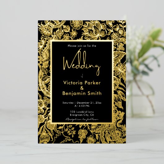 フラワーエレガントスケッチ枠ブラック金ゴールド結婚ズ 箔招待状 (立ち正面)