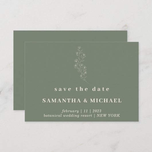 フラワーエレガントセージグリーンインディ救の日結婚付 招待状 (正面/裏面)