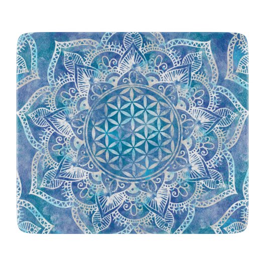 フラワーオブライフインロータス-水彩青 カッティングボード (正面)