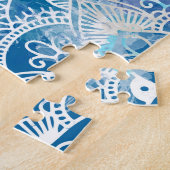 フラワーオブライフインロータス-水彩青 ジグソーパズル (側面)