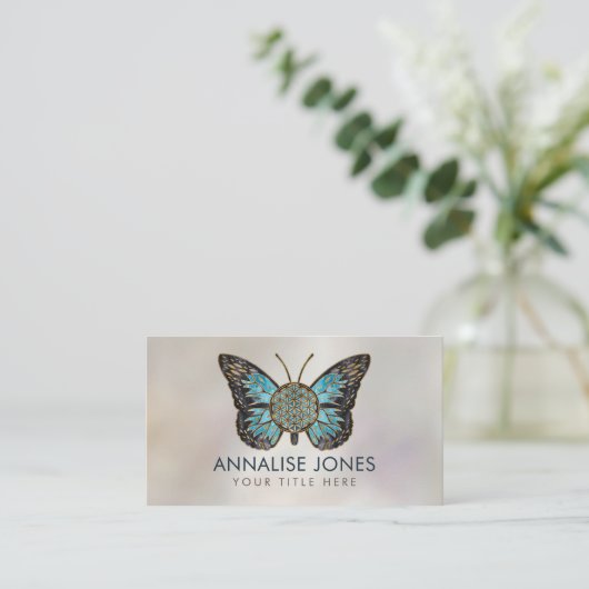 フラワーオブライフバタフライ-青い宝石と金ゴールド 名刺 (スタンド正面)