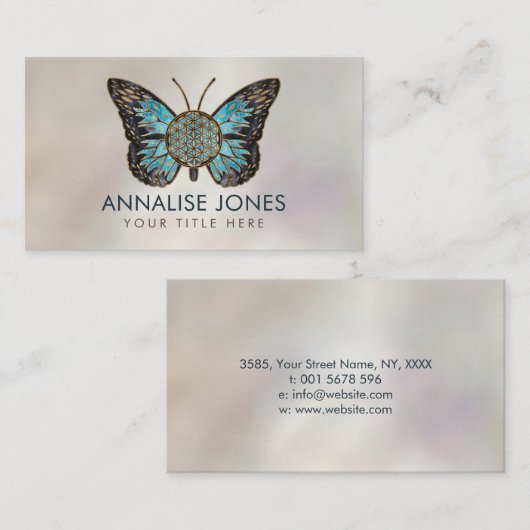 フラワーオブライフバタフライ-青い宝石と金ゴールド 名刺 (正面/裏面)