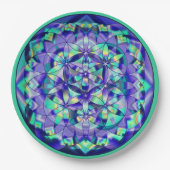 フラワーオブライフブルーとティール（緑がかった色）紙プレート ペーパープレート (正面)