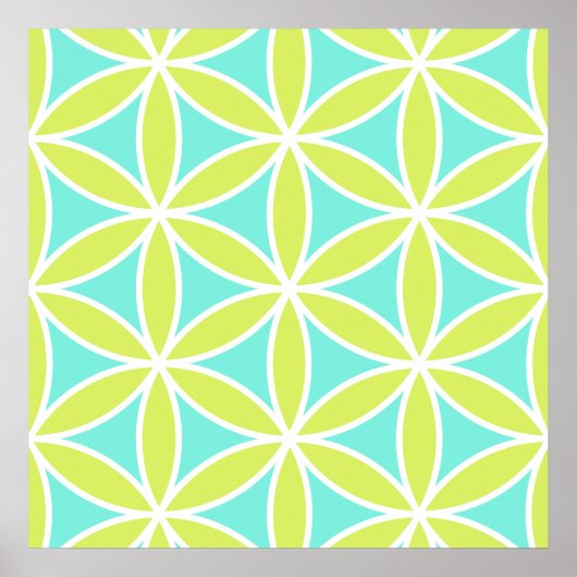 フラワーオブライフラージptnティール（緑がかった色）ライム&ホワイト ポスター (正面)