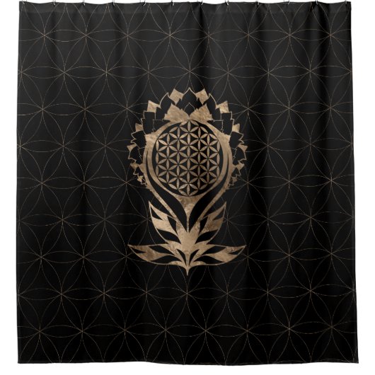 フラワーオブライフロータス – ブラックと金ゴールド シャワーカーテン (正面)