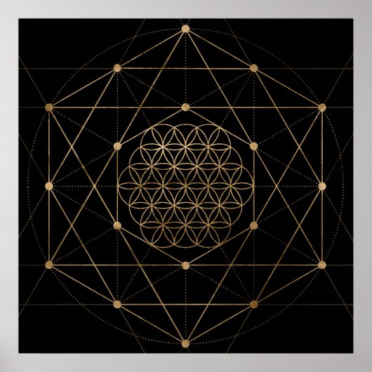 フラワーオブライフ黒と金ゴールド ポスター (正面)