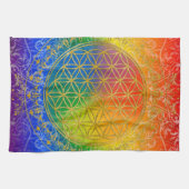 フラワーオブライフ – オーナメントレインボー金ゴールド キッチンタオル (横)