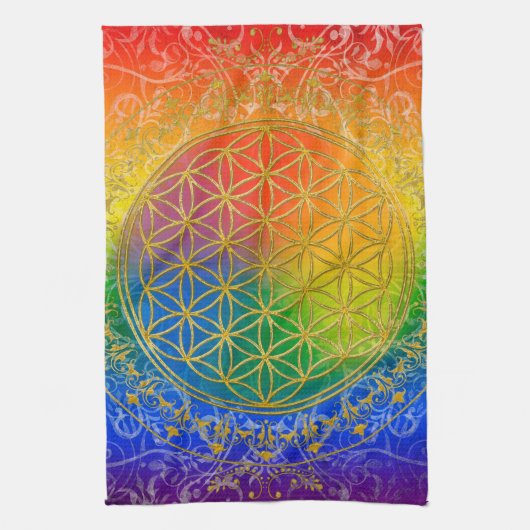 フラワーオブライフ – オーナメントレインボー金ゴールド キッチンタオル (縦)