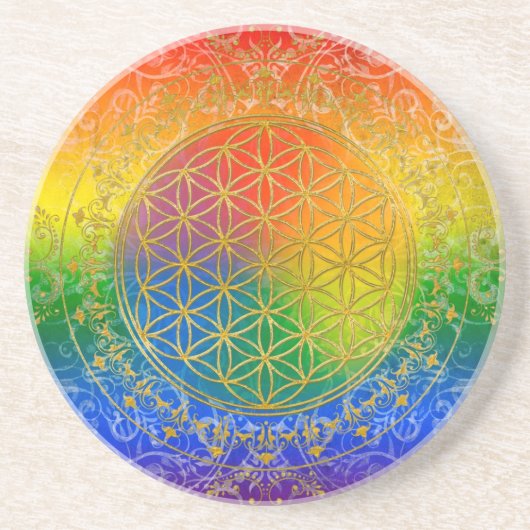 フラワーオブライフ – オーナメントレインボー金ゴールド コースター (正面)