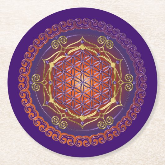 フラワーオブライフ/ブルームデレベンス – オーナメント ラウンドペーパーコースター (正面)