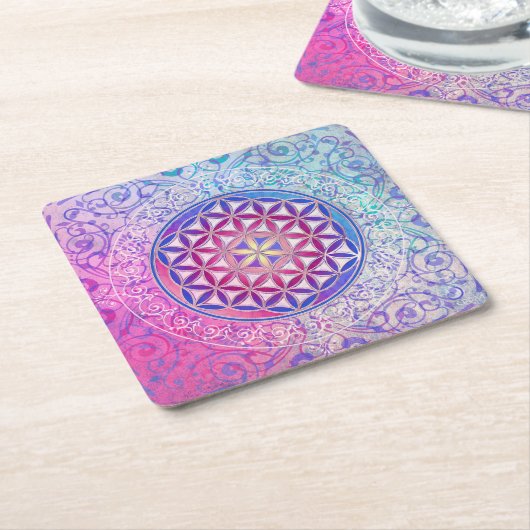 フラワーオブライフ/ブルームデレベンス – オーナメントV スクエアペーパーコースター (アングル)