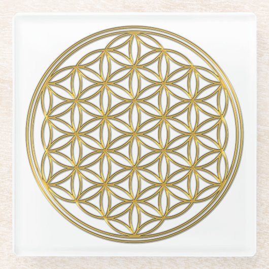フラワーオブライフ/ブルームデレベンス – ブリリアント金ゴールド ガラスコースター (正面)