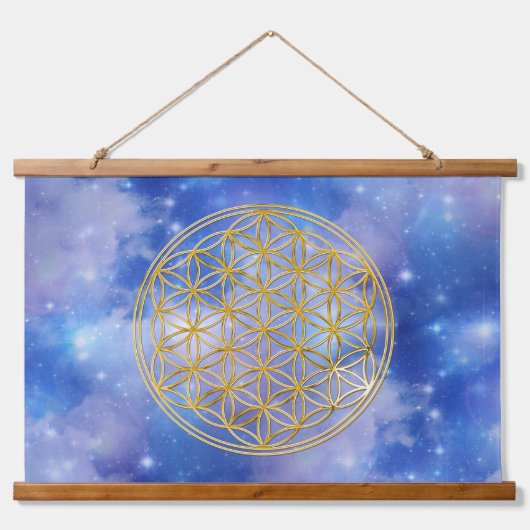 フラワーオブライフ – 聖なる幾何学黄金のスタイル 吊り下げ型タペストリー (正面)