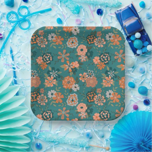 フラワーオレンジグリーン植物模様イベント ペーパープレート (パーティー)