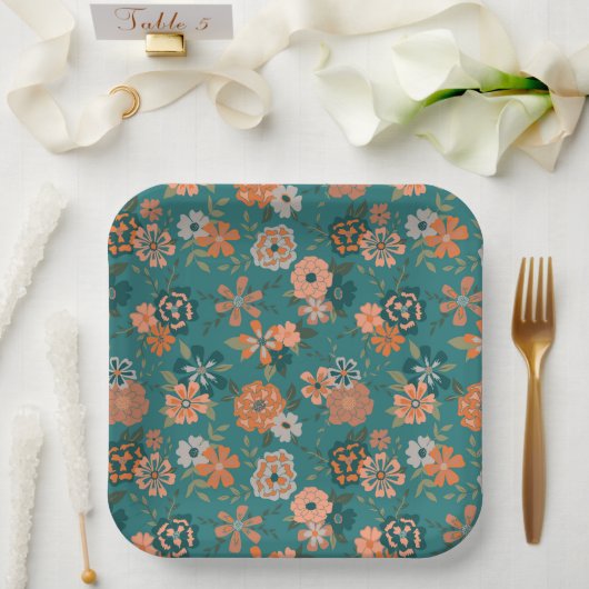 フラワーオレンジグリーン植物模様イベント ペーパープレート (ウェディング)