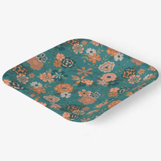 フラワーオレンジグリーン植物模様イベント ペーパープレート (傾斜あり)