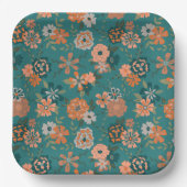 フラワーオレンジグリーン植物模様イベント ペーパープレート (正面)