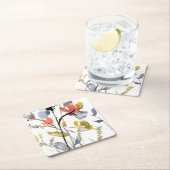 フラワーオーバーレイ – 水彩花と茎 スクエアペーパーコースター (インサイチュ)