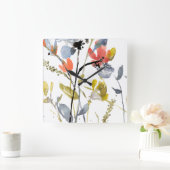 フラワーオーバーレイ – 水彩花と茎 スクエア壁時計 (ホーム)