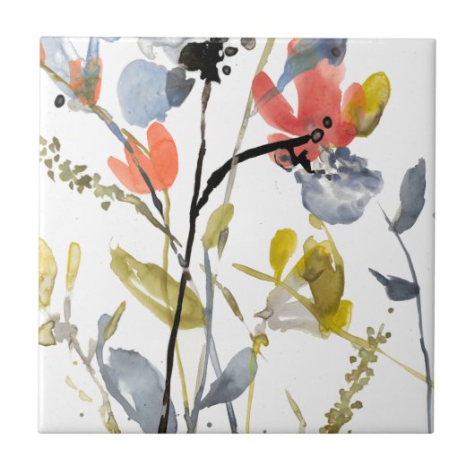 フラワーオーバーレイ – 水彩花と茎 タイル (正面)