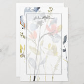 フラワーオーバーレイ-水彩花と茎 便箋 (正面/裏面)