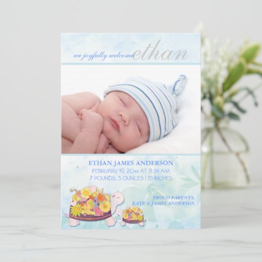 フラワーカメ男の赤ちゃん誕生のお知らせ 案内状 (スタンド正面)