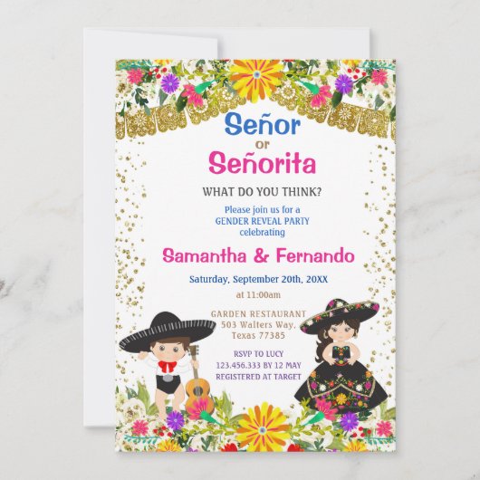 フラワーカラフルズセニョールまたはセニョリタの性別表示  招待状 (正面)