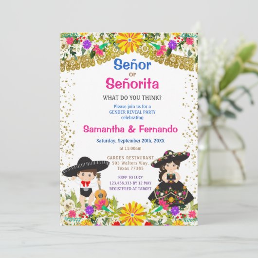 フラワーカラフルズセニョールまたはセニョリタの性別表示  招待状 (スタンド正面)