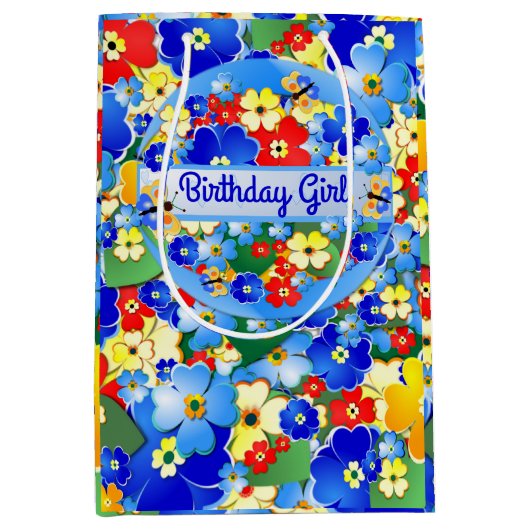 フラワーカラフルズ誕生日ガール ミディアムペーパーバッグ (正面)