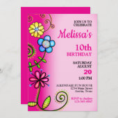 フラワーカラフルドードルバースデーパーティーの招待 招待状 (正面/裏面)