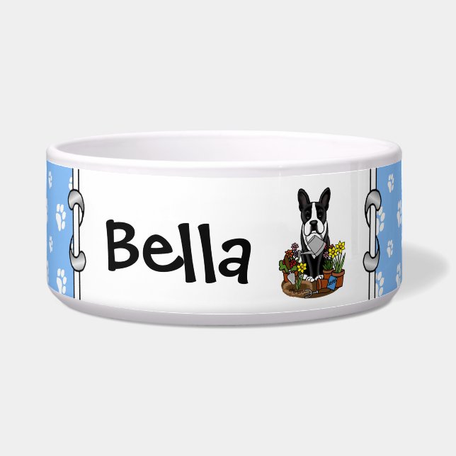 フラワーガーデナーボストンテリア（黒）かわいい犬 ボウル (正面)