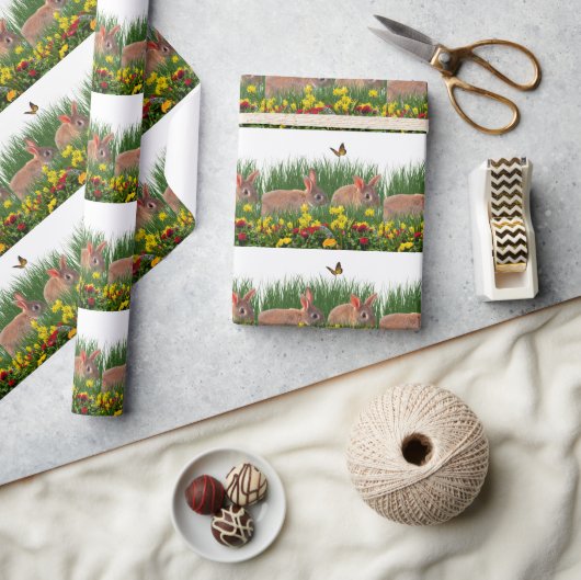 フラワーガーデンにバニーラビット春/イースター ラッピングペーパー (クラフト)