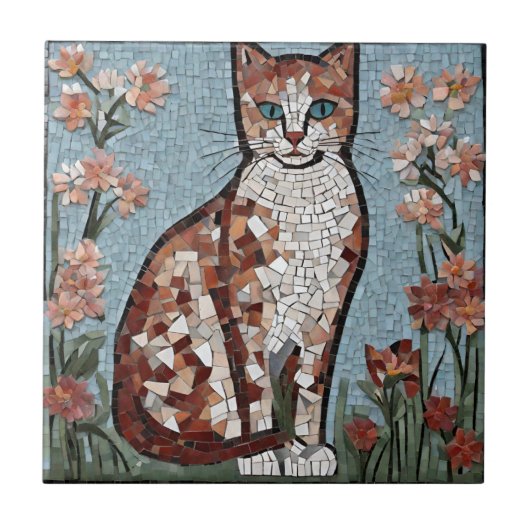 フラワーガーデンに並ぶモザイク猫 タイル (正面)