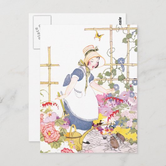 フラワーガーデンのレーキと散水缶の女の子 ポストカード (正面/裏面)