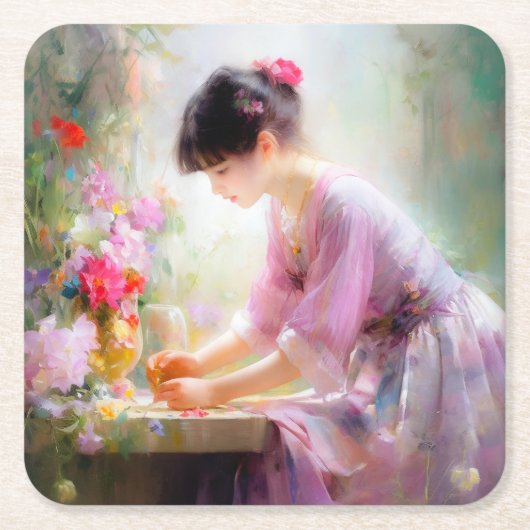 フラワーガーデンの少女 スクエアペーパーコースター (正面)