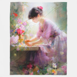 フラワーガーデンの少女 フリースブランケット