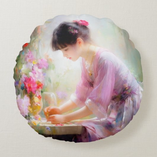 フラワーガーデンの少女 ラウンドクッション (正面)