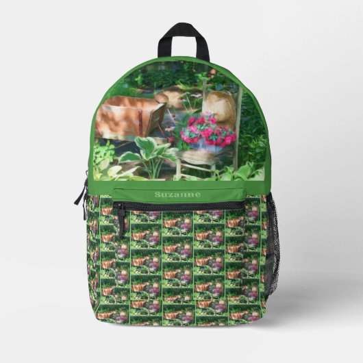 フラワーガーデンアンティークパーソナライズされた椅子 プリントバックパック (正面)