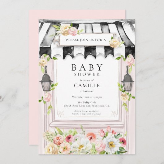 フラワーガーデンエレガントガールベビーシャワー招待状 招待状 (正面/裏面)