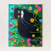 フラワーガーデンカラフルに登場する黒猫 ジグソーパズル (縦)