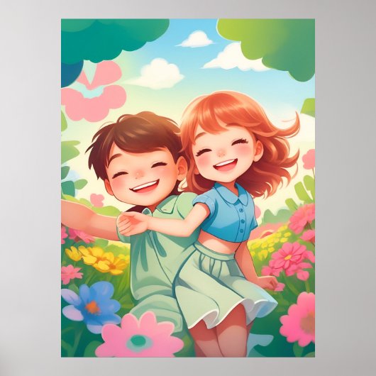 フラワーガーデンカラフルポスターの笑顔の子供 ポスター (正面)