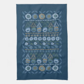 フラワーガーデンティータオル、暗い&ライトブルー、ブラウン キッチンタオル (縦)