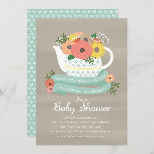 フラワーガーデンティーポットベビーシャワー招待状 招待状 (正面/裏面)