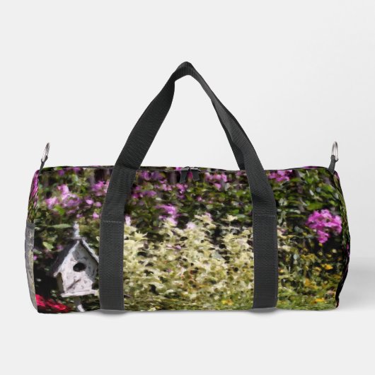 フラワーガーデンバードハウスアーパーソナライズされたト ダッフルバッグ (裏面)