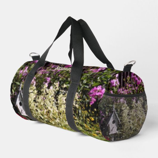 フラワーガーデンバードハウスアーパーソナライズされたト ダッフルバッグ (右コーナー)