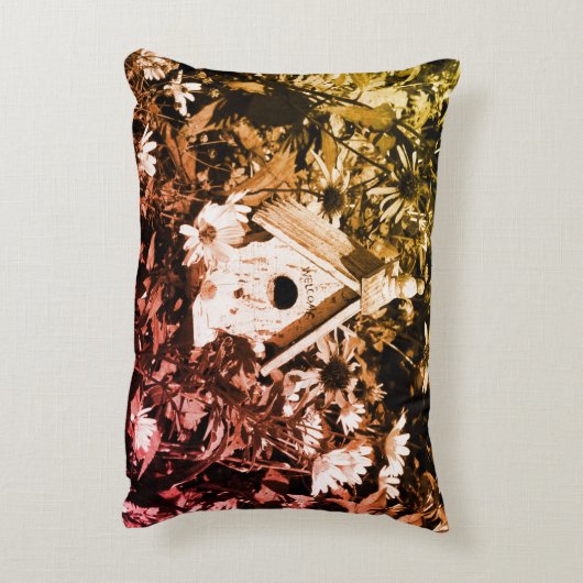 フラワーガーデンバードハウスブラックアンドホワイトヴィンテージ アクセントクッション (裏面(縦))