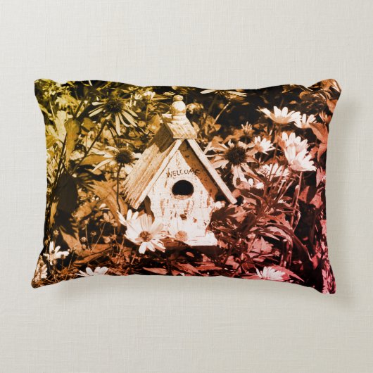 フラワーガーデンバードハウスブラックアンドホワイトヴィンテージ アクセントクッション (裏面)
