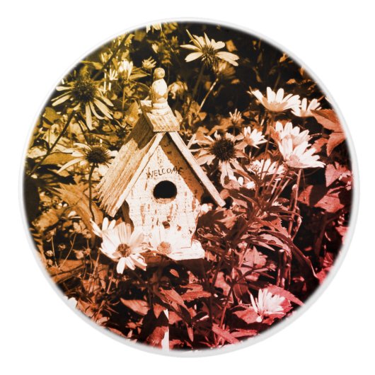 フラワーガーデンバードハウスブラックアンドホワイトヴィンテージ セラミックノブ (正面)