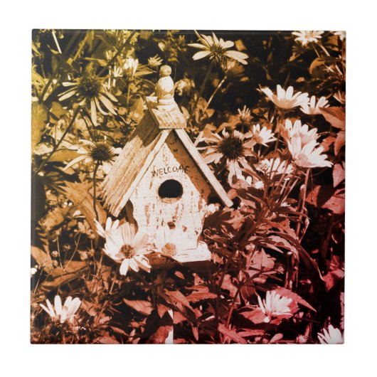 フラワーガーデンバードハウスブラックアンドホワイトヴィンテージ タイル (正面)