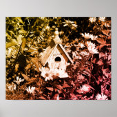 フラワーガーデンバードハウスブラックアンドホワイトヴィンテージ ポスター (正面)